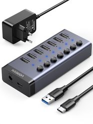 Hub USB 7-Port (USB-A 3.0, 4 Ports for Charging) with Power Supply DC 12V/2A, Gray