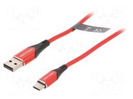 Cable; USB 2.0; USB A plug,USB C plug; nickel plated; 1.5m; red VENTION