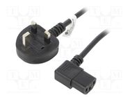 Cable; BS 1363 (G) plug,IEC C13 female 90°; PVC; 2m; black; 10A 