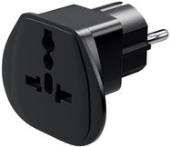 World to EU Travel Adapter, Black - safety plug (type F, CEE 7/7) > UK female, Swiss female (Type J, SEV 1011), Italian female (Type L, CEI 23-16-VII), US/Japanese female