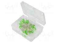 Kit: LED; THT; 3mm; 50pcs; green; plastic box; 7.5mA; 30°; 4200mcd OPTOSUPPLY