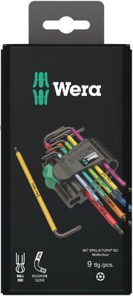 967/9 TX BO Multicolour 1 SB L-key set for tamper-proof TORX® screws, BlackLaser, 1 x TX 9x79; 1 x TX 8x76; 1 x TX 10x85; 1 x TX 15x90; 1 x TX 20x96; 1 x TX 25x104; 1 x TX 30x122; 1 x TX 40x132; 1 x TX 27x112, Wera