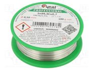 Tin; lead free; Sn99,3Cu0,7; 0.5mm; 100g; reel; 227°C; 2.5% 