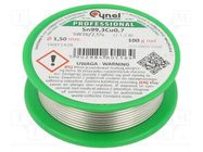 Tin; lead free; Sn99,3Cu0,7; 1.5mm; 100g; reel; 227°C; 2.5% CYNEL