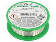 Tin; lead free; Sn99,3Cu0,7; 2mm; 100g; reel; 227°C; 2.5%; Flux: SW26 