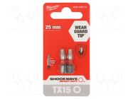 Screwdriver bit; Torx®; TX15; 1/4"; Kind: impact; Overall len: 25mm Milwaukee