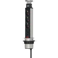 Tower Power, 3-way table socket strip (retractable socket strip, 2-way USB, 2m cable, can be completely lowered into the table top) 2.00 m silver/black TYPE F