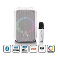 Karaoke system with Bluetooth®, rechargeable battery, wireless karaoke microphone, and disco LED lighting White