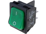 Rocker switch; ON-ON fixed, 4pins. 10A/250Vac 31.5x25.2mm DPST black body illuminated green rocker NEON