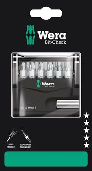 Bit-Check 12 Metal 1 SB, 1 x 1/4"x50; 1 x PH 1x25; 1 x PH 2x25; 1 x PZ 1x25; 1 x PZ 2x25; 1 x TX 15x25; 1 x TX 20x25; 1 x TX 25x25; 1 x TX 30x25; 1 x 3.0x25; 1 x 4.0x25; 1 x 5.0x25, Wera