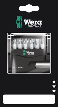 Bit-Check 12 Wood 2 SB, 1 x 1/4"x50; 1 x PH 2x25; 1 x PZ 1x25; 2 x PZ 2x25; 1 x PZ 3x25; 1 x TX 10x25; 1 x TX 15x25; 1 x TX 20x25; 1 x TX 25x25; 1 x TX 30x25; 1 x TX 40x25, Wera