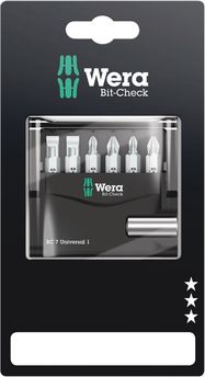 Bit-Check 7 Universal 1 SB, 1 x 1/4"x50; 1 x PH 1x25; 1 x PH 2x25; 1 x PZ 1x25; 1 x PZ 2x25; 1 x 1.0x5.5x25; 1 x 1.2x6.5x25, Wera