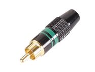 RCA PLUG MALE - GOLD TIP - BLACK HOUSING - GREEN RING