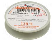 Tin; lead free; Bi57Sn42Ag1; 0.5mm; 25g; reel; Flux: flux free CYNEL