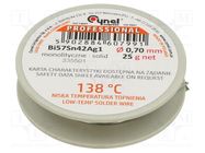 Tin; lead free; Bi57Sn42Ag1; 0.7mm; 25g; reel; Flux: flux free CYNEL