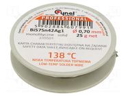 Tin; lead free; Bi57Sn42Ag1; 0.7mm; 25g; reel; Flux: flux free CYNEL