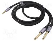 Cable; Jack 3.5mm 3pin plug,Jack 6,3mm plug x2; 5m; black; PVC VENTION