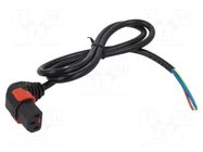 Cable; IEC C13 female angled down,wires; PVC; 1m; black; 10A; 250V IEC LOCK