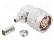 Connector: N; plug; male; angled 90°; 50Ω; soldering,crimped; PTFE AMPHENOL RF