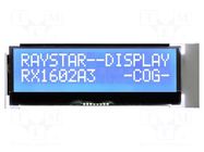 Display: LCD; alphanumeric; COG,STN Negative; 16x2; blue; LED; 1x8 RAYSTAR OPTRONICS