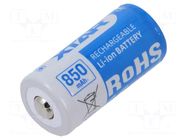 Re-battery: Li-Ion; 16340; 3.6V; 850mAh; Ø16.5x34mm; 2.5A XTAR