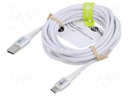 Cable; USB 2.0; USB A plug,USB C plug; 3m; white; silicone; 60W; 3A GOOBAY