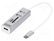 Hub USB; memory card reader,USB A socket x3; OTG,USB 2.0; PnP DIGITUS