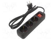 Extension lead; 3x1mm2; Schuko; Sockets: 3; rubber; black; 1.5m; 10A LANBERG
