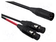 Cable; XLR male 3pin,XLR female 3pin x2; 1m; black; PVC REDS MUSIC