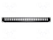 Patch panel; black; Number of ports: 24; RJ45 socket x24; RACK QOLTEC