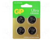Battery: lithium; CR2430,coin; 3V; 300mAh; non-rechargeable; 4pcs. GP
