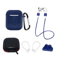 Set of AirPods 2 / AirPods 1 silicone case + case / ear hook / neck strap / watch strap holder / carabiner - blue, Hurtel
