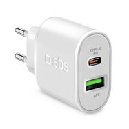 SBS TETRPD20W 20W USB-A USB-C Wall Charger with Power Delivery - White, SBS