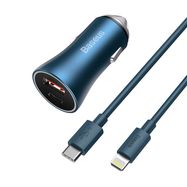 Baseus Golden Contactor Pro car charger, USB + USB-C, QC4.0+, PD, SCP, 40W (blue) + USB-C - Lightning cable 1m (blue), Baseus