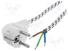Cable; 3x0.75mm2; CEE 7/7 (E/F) plug angled,wires; textile; 2m JONEX