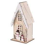 LED decoration, wooden – house with snowmen, 28.5 cm, 2x AA, indoor, warm white, timer, EMOS