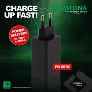 PATONA Premium GaN PD65W Adapter black 2xUSB-C 1xUSB-A PD3.0 QC3.0 , PATONA