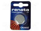 Battery: lithium; 3V; CR2032,coin; 225mAh; non-rechargeable; 1pcs. RENATA