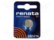 Battery: lithium; CR1216,coin; 3V; 30mAh; non-rechargeable; 1pcs. RENATA
