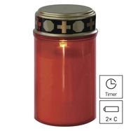 LED grave candle, red, 2x C, outdoor and indoor, warm white, timer, EMOS