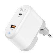 Universal Wall Charger Budi 328E USB + USB-C, 18W + EU/UK/US Adapters (white), Budi