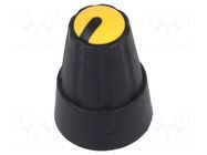 Knob; miniature; plastic; Øshaft: 6mm; Ø13x19mm; black; yellow SR PASSIVES