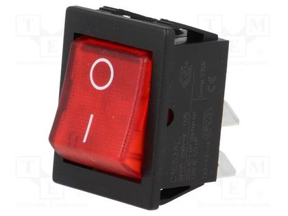 ROCKER; DPST; Pos: 2; ON-OFF; 16A/250VAC; 20A/28VDC; red; neon lamp BULGIN AE-C1553ALBR3