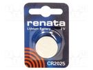 Battery: lithium; 3V; CR2025,coin; 165mAh; non-rechargeable; 1pcs. RENATA