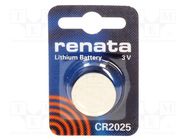 Battery: lithium; CR2025,coin; 3V; 165mAh; non-rechargeable; 1pcs. RENATA