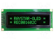 Display: OLED; alphanumeric; 16x2; Dim: 85x36x10mm; green; PIN: 16 RAYSTAR OPTRONICS