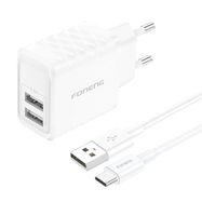 Foneng EU53 20W 2xUSB-A, 2.4A network charger (White) + USB-C cable, Foneng