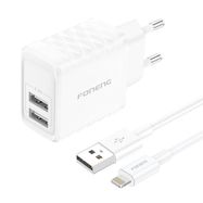 Foneng EU53 20W 2xUSB-A, 2.4A network charger (White) + USB-A toLightning cable, Foneng