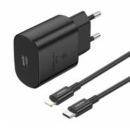 Foneng EU51 USB-C 25W mains charger + USB-C - Lightning cable (black), Foneng