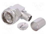 Connector: N; plug; male; angled 90°; 50Ω; soldering,crimped; PTFE TELEGÄRTNER